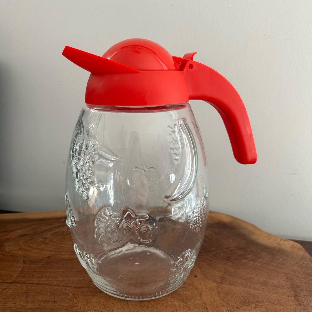 Large Vintage 70s RED Solmaz Mercan Glass Pitcher Fruits embossed